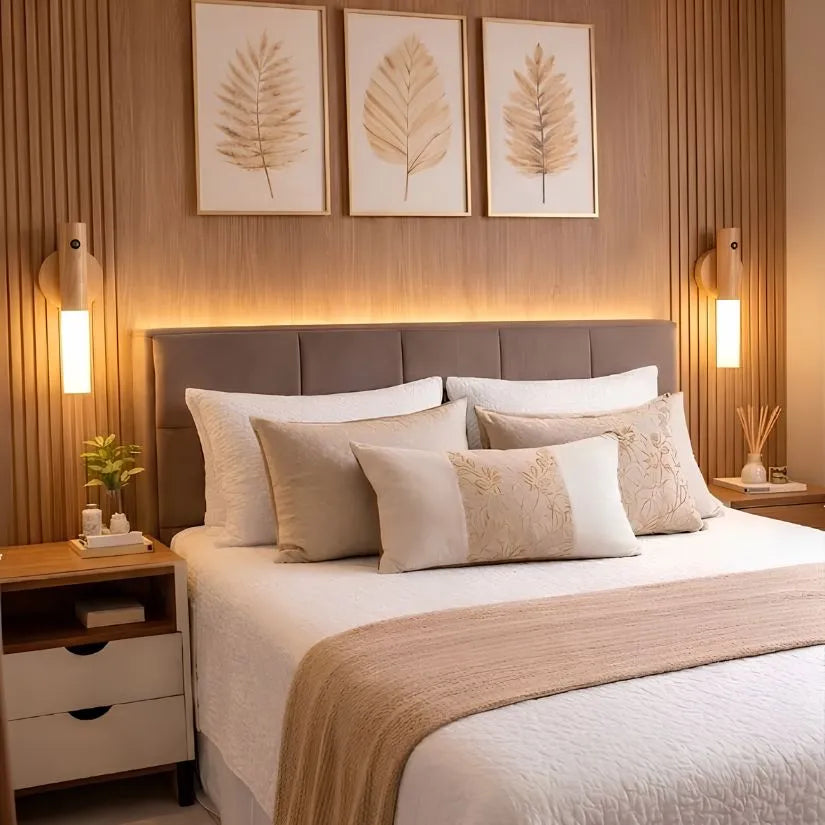 Arandelas Magno sem fio instaladas ao lado da cama criando iluminação elegante em quarto moderno