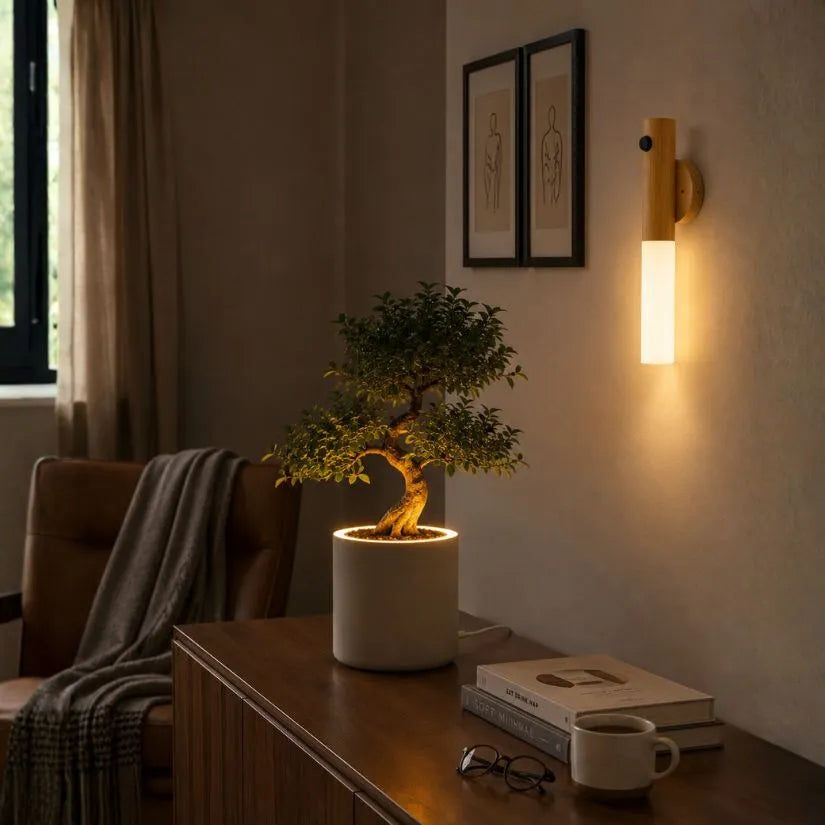 Arandela Magno iluminando vaso de planta em ambiente moderno e minimalista