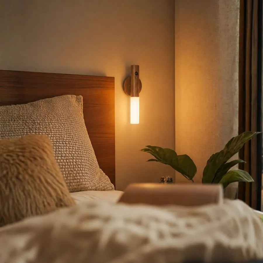 Arandela Magno instalada ao lado da cabeceira criando iluminação suave no quarto